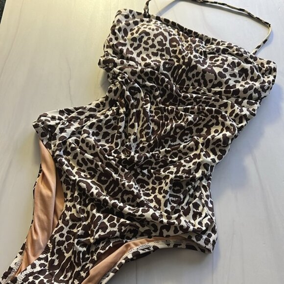 NWT J.Crew Women’s Brown Leopard Print Ruched Bandeau One Piece Swimsuit Size 2 - Picture 6 of 11